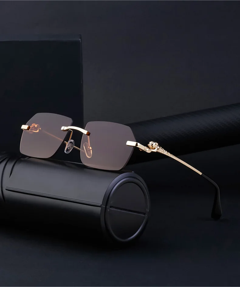 Retro Sonnenbrille Für Herren Quadratisch Randlos Leopard_voghion.com