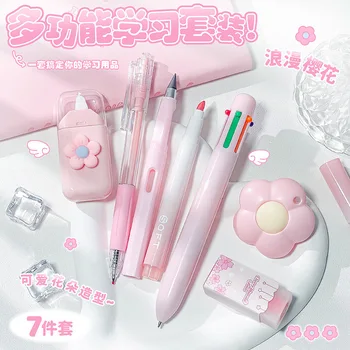 Set di Cancelleria Scolastica con 6/7/8 Pezzi, Penne Colorate, Blocco Note, Strumenti per Studenti, Kit Regalo, Gomma per Cancellare, Grande Capacità, Stile Kawaii