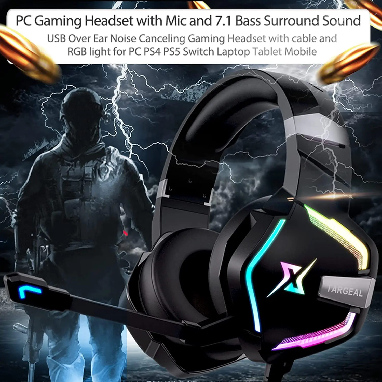Targeal 7.1 Channel Wired Gaming Headset for PC PS5 PS4 Switch Laptop Mac with Omnidirectional Noise Canceling Mic, RGB LED