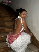 Weird Puss Sexy Hollow Backless Dress Women Chic Short Tassels See Through Sleeveless Contrast Sexy Birthday Party Maxi Bodycon 2