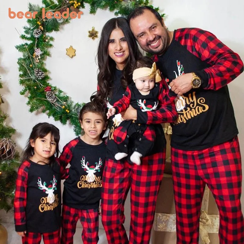 Bear Leader-ropa de Navidad para padre, madre y niños, conjunto de Top y pantalones a juego para la familia, ropa de dormir de celosía, pelele para bebé