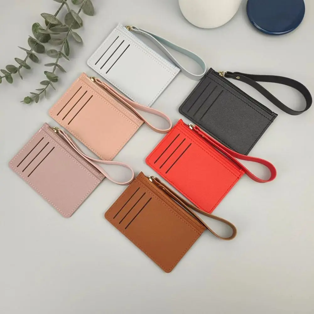 

Solid Color Leather Coin Purse With Lanyard Card Case ID Credit Card Holder Simple Multi-position Leather Short Wallets Travel