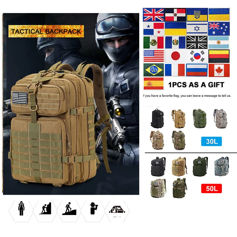 

30L/50L Tactical Pack Travel Bag Nylon Military Hiking Bag Waterproof Rucksacks Army Outdoor Camping Trekking Hunting Bag