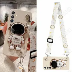 Astronaut Lanyard Crossbody Silicone Phone Case with Stand Cover - A02S (White)