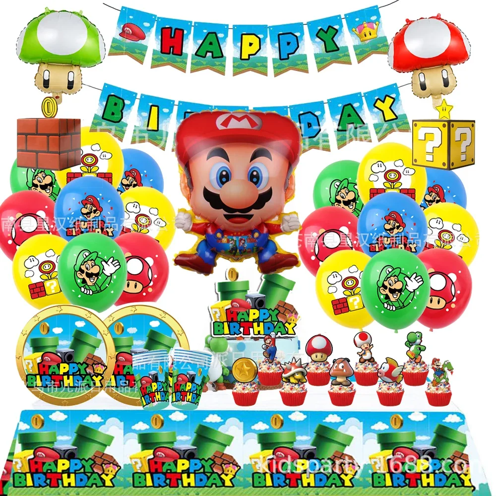 Super Marioing Birthday Party Decoration Game Figure Dinner Plate Banner Cake Topper Numer Balloon Set Anime Stoviglie A Tema