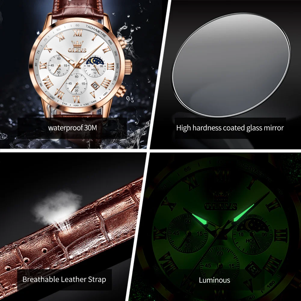 OLEVS Mens Watches Top Brand Luxury Leather Casual Chronograph Quartz Watch Men's Sport Waterproof Clock Watch Relogio Masculino