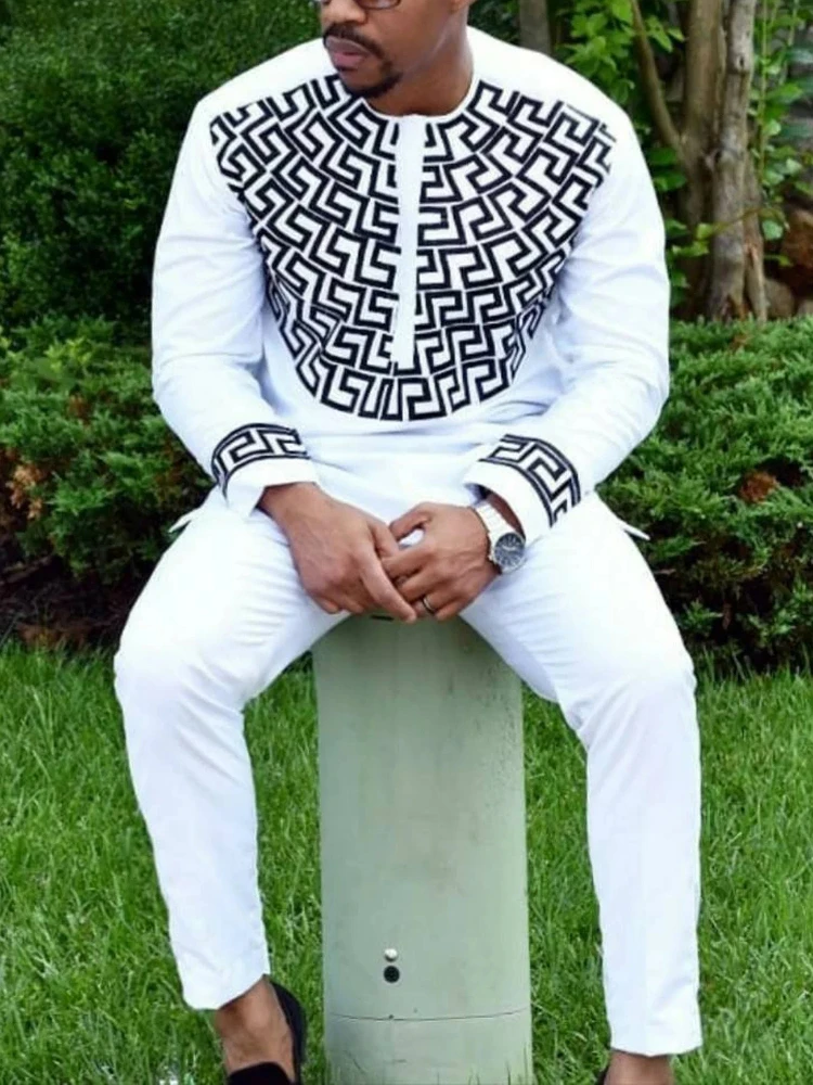 

Men's fashion casual white printed long sleeve two-piece set