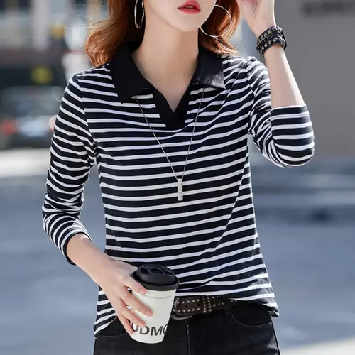 European Station Long sleeved T-shirt Women's Spring and Autumn New High end Light Luxury Fashion Large Size Striped Polo Top - Image 7