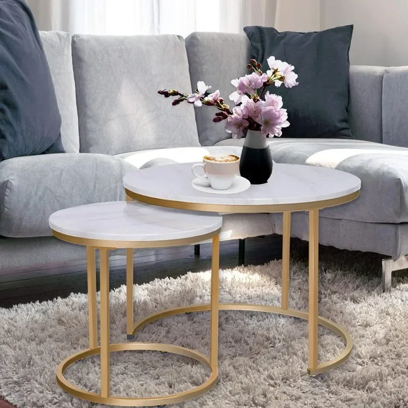 Marble Nesting Golden Coffee Table 31.5In Large Set of 2, Steel Frame Circular and Round Wooden Tables 31in