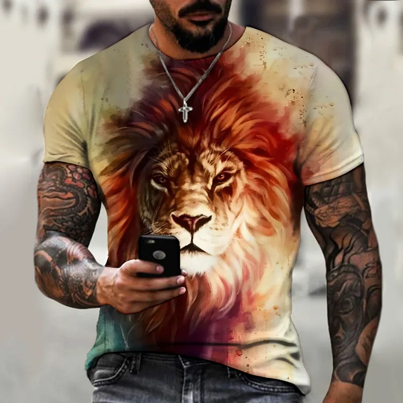 

Summer Fashion Casual 3D Printing Animal Lion Pattern Men's Hip Hop Street Clothing Short Sleeve Loose Round Neck Top T-shirt。