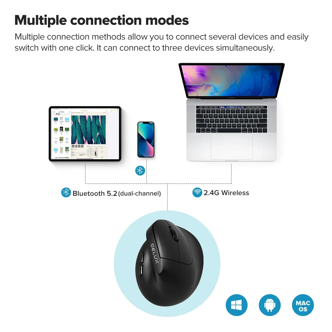 Delux M618 Air Ergonomic Wireless Mouse Lightweight Vertical Mice Rechargeable Silent Click DPI Adjustable for Small Medium Hand