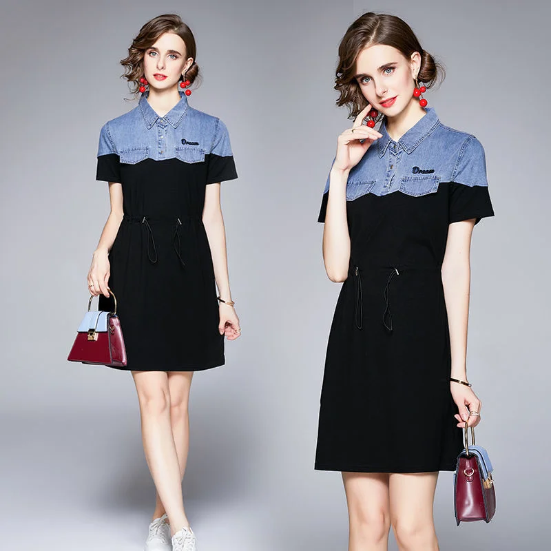 

2022 new fashion denim splicing drawstring waist closing letter heavy industry embroidery casual dress