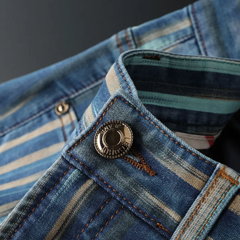 Fashionable men's blue personality color contrast striped jeans men slim stretch summer slim men's small straight leg pants