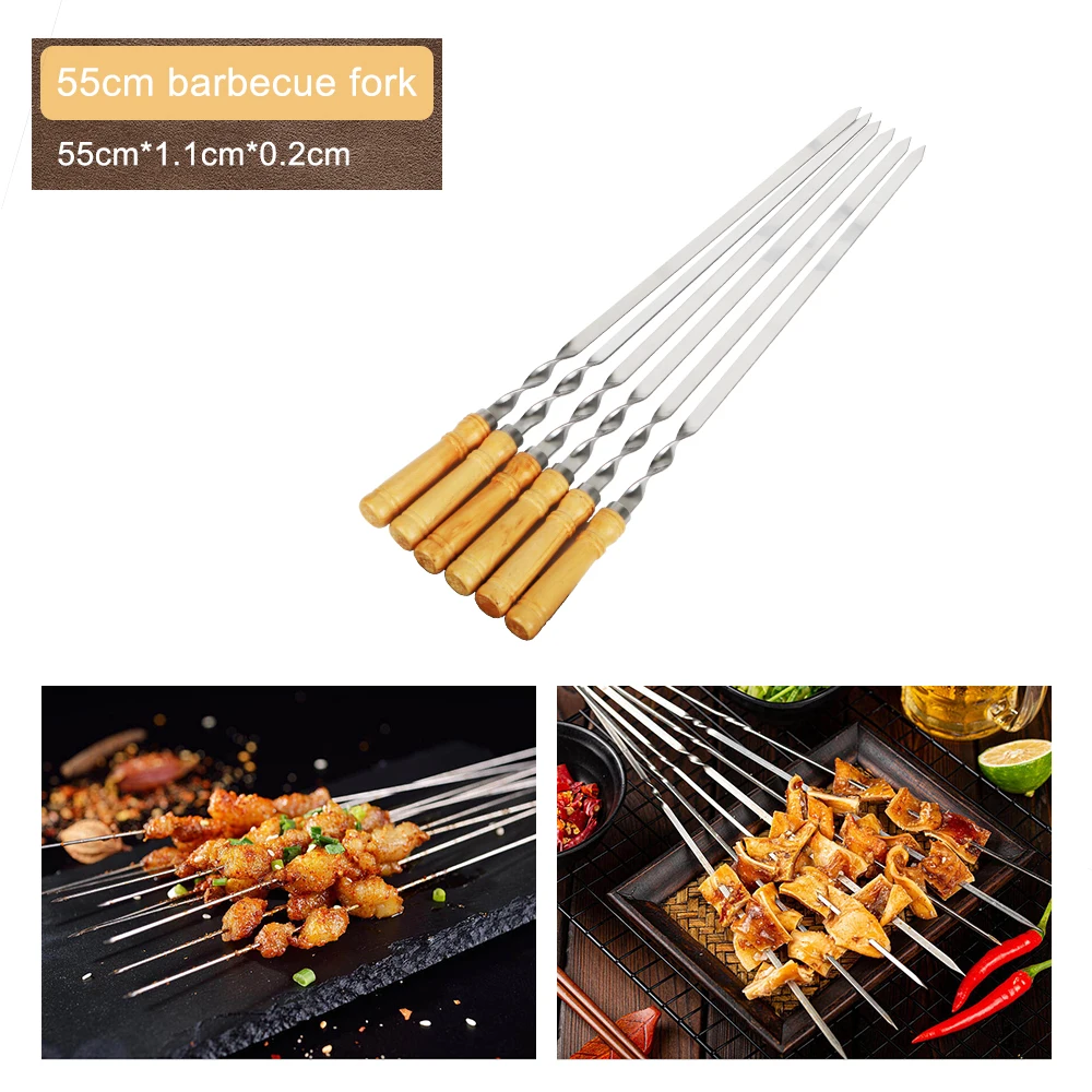 Barbecue Skewers BBQ Skewers 55cm 21.65" Wood BBQ Fork Stainless steel Outdoors Grill Needle Long Handle Shish Kebab 6Pcs