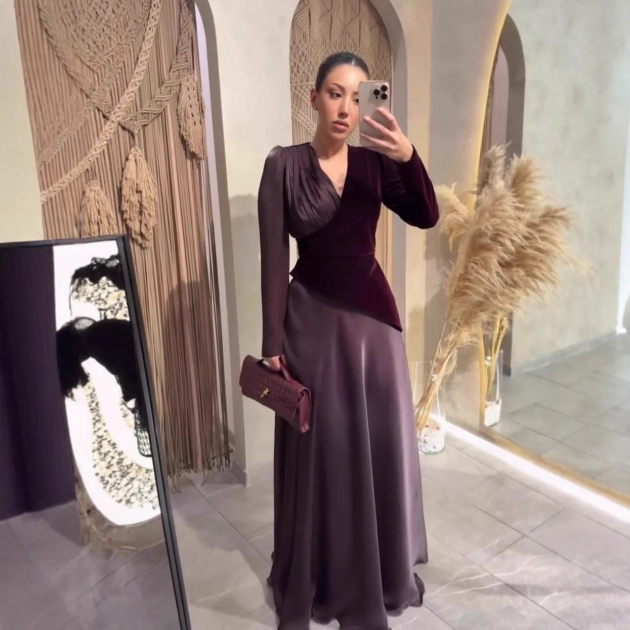 فستان سهرة نسائي مثير بياقة على شكل V وأكمام طويلة، فستان حفلات أنيق بخصر مرتفع وقصة ضيقة، فستان سهرة أنيق بألوان متباينة
