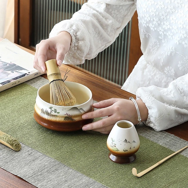 KAISHANE Japanese Matcha Whisk Set Matcha Tea Ceremony Set of 4 Including 100 Prong Matcha Whisk Traditional Scoop Tea Spoon and Ceramic Matcha