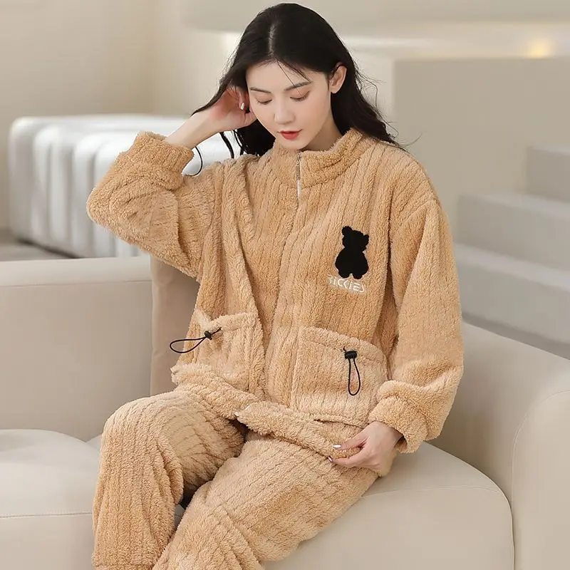 Pajamas Women Winter Flannel Warm Thickened Velvet Nightclothes Casual Zipper Stand Collar Plush Female Warm Homewear Suit 2024