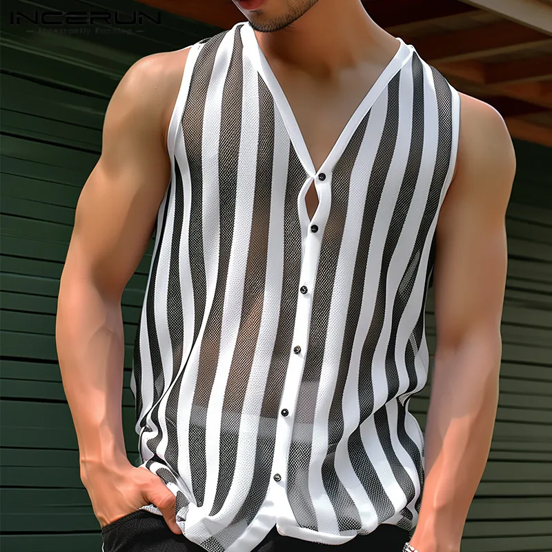 INCERUN Tops 2024 American Style New Mens Striped V-neck Perspective Mesh Shirts Casual Sexy Comfortable Sleeveless Blouse S-2XL