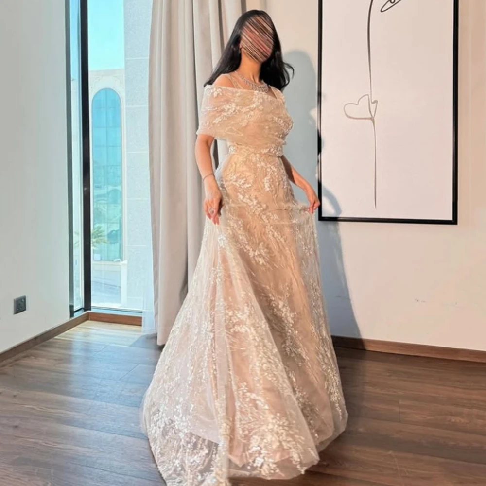 Customized Beige Off-the-Shoulder A-Line Evening Dress with Lace Appliques