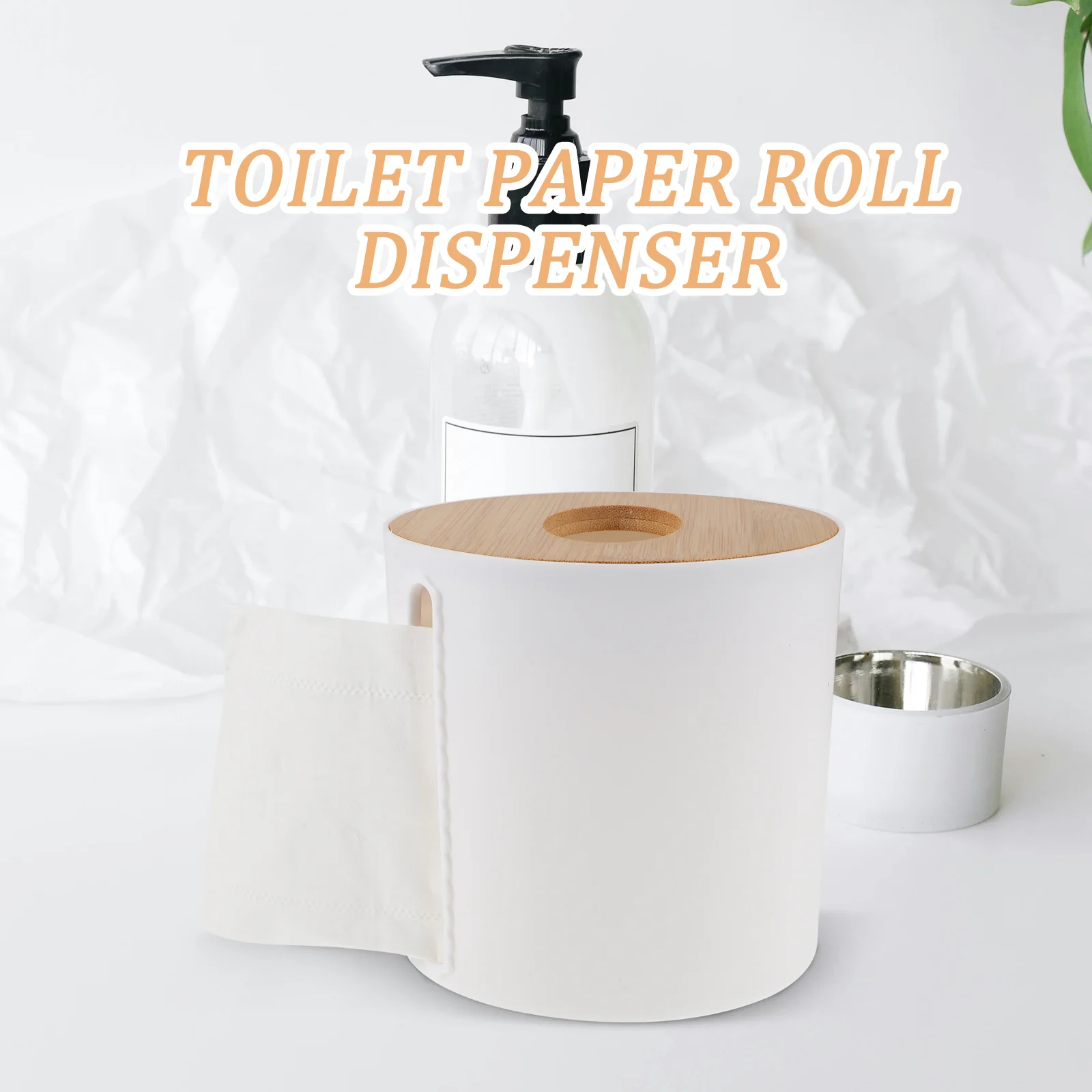 Round Bamboo Cover Paper Roll Roll Paper ganizer Holder White Compact Stable Bottom Kitchen Bathroom Home Bar Hotel Use 4