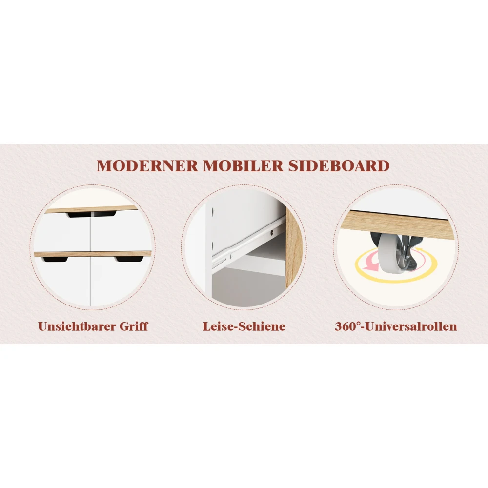 Kitchen Island with Cabinet Doors and Open Compartments Service Trolley with 360° Wheels and Drawers for Easy Mobility