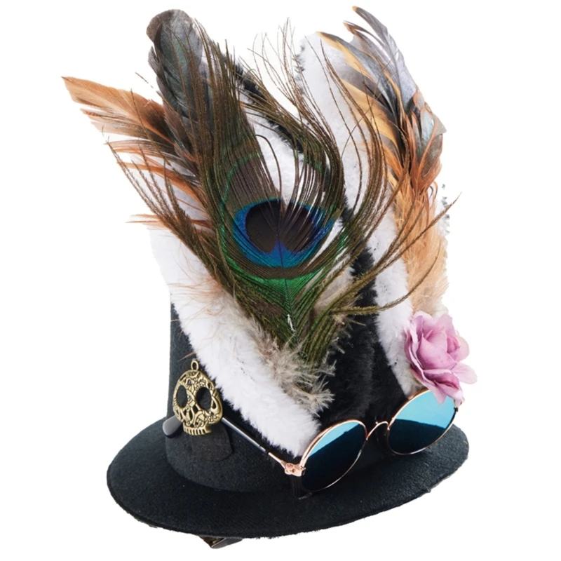 Steampunks Flat Top Hat Halloween Hut Schwarz Karneval Zylinder mit Feder Kaninchen Ohr und Totenkopf für Frauen Dress Up – Detail 9