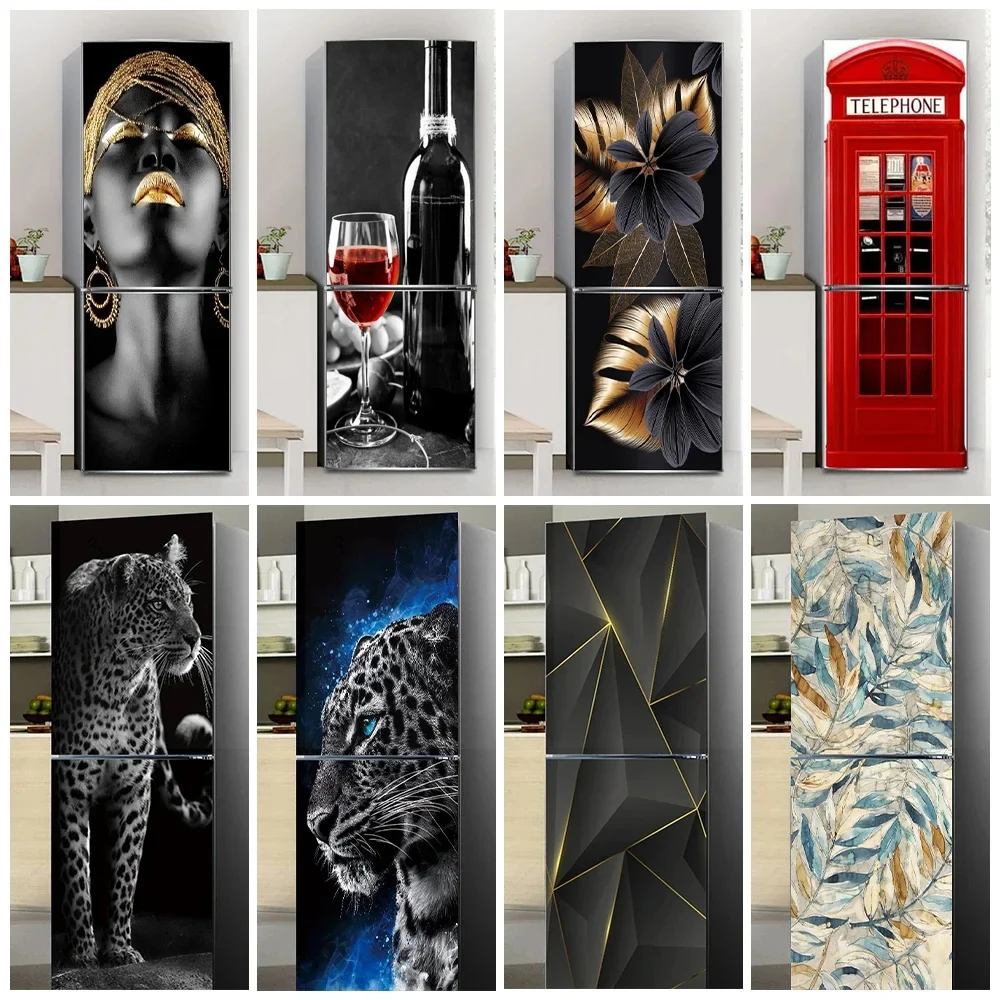 Black Cool Girl Refrigerator Door Mural Sticker Waterproof PVC Gray Fridge Door Wrap Cover 3D Wallpaper Kitchen Decorations