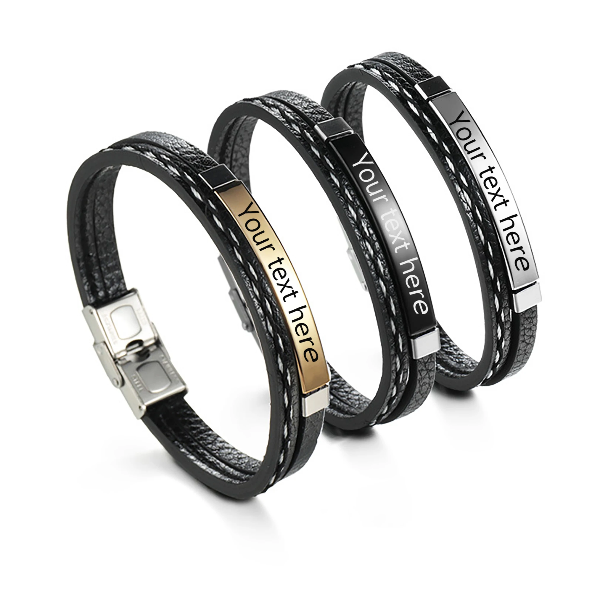 

Customizable name Trendy Leather Bracelet Men Stainless Steel Handmade Bangles Male Wristband Charm Hand Jewelry Boyfriend Husba