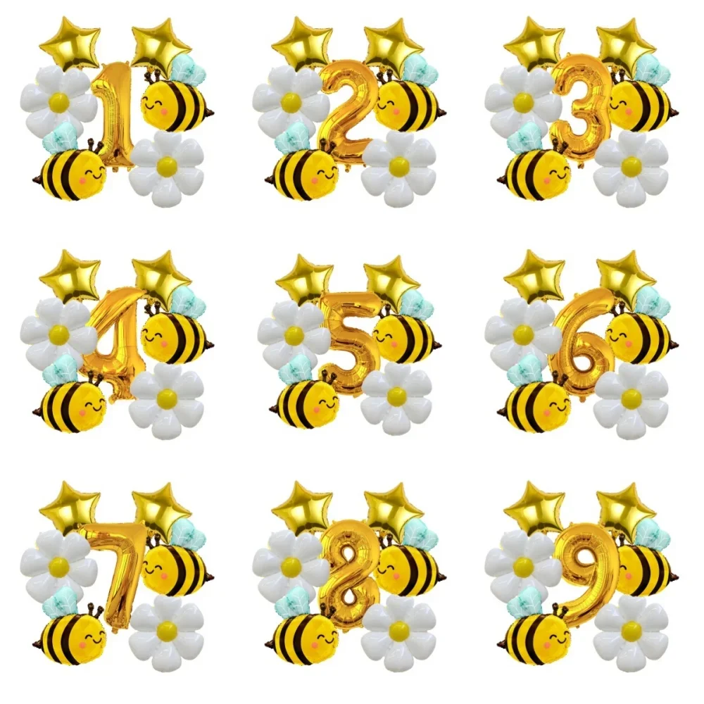 6 Stück Cartoon Biene Gänseblümchen Ballon 32 Zoll goldene Zahl Folienballons Set Gänseblümchen Blumenballon Biene Thema Geburtstag Partyzubehör – Detail 1