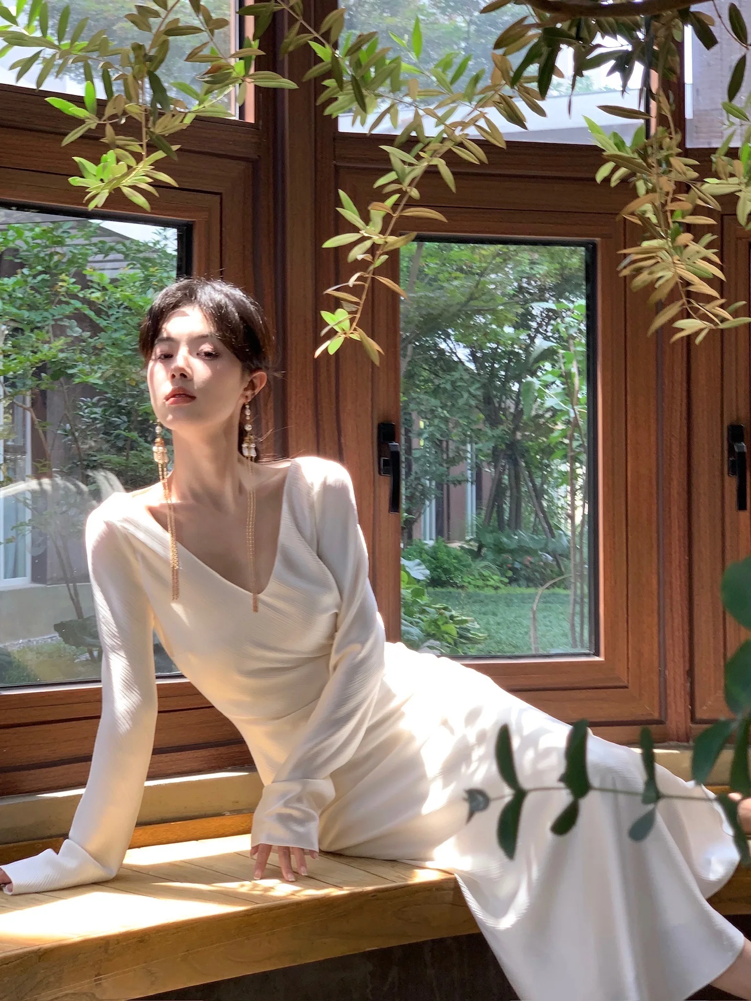 Vestidos largos de satén de otoño para mujer, vestido de fiesta de noche para boda, vestido de graduación, vestido de sirena de una pieza con cuello en V y mangas largas