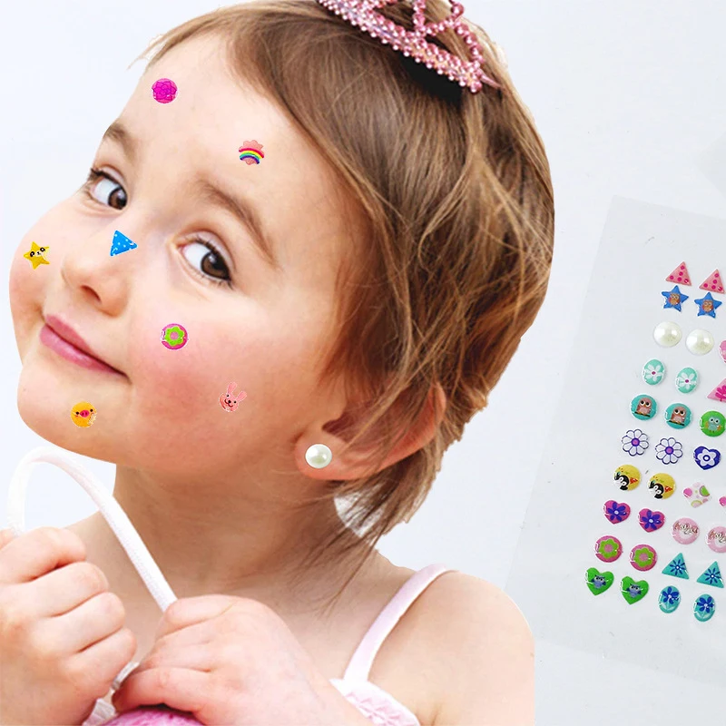 Children Sticker Earrings 3D Gems Girls Sticky Earrings Self-Adhesive Glitter Craft Crystal Nail Decoration Make-up Stickers sticker jewellery toy