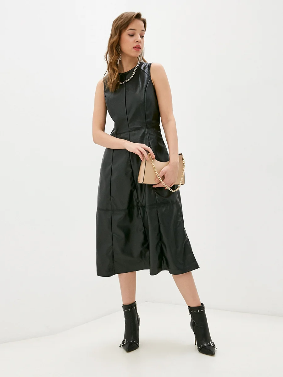 A-Line Leather Midi Dress Womens Faux Vegan PU Solid Black A line Sleeveless O neck Draped Mid Party Dresses For Woman Office Lady Fashion