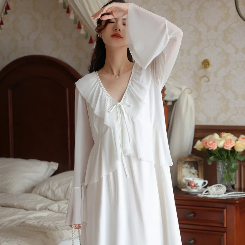 

Palace Style Silk Stain Pajamas for Women Sleepdress Sexy Ruffles Mid-length Long Sleeve V-neck Nightdress Elegant Loungewear