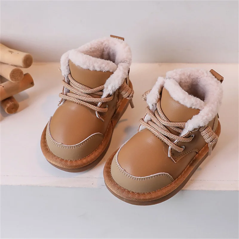 2023 Nuovo Inverno Bambino Per Ragazzi Pelle Caldo Peluche Bambine Scarpe Impermeabili Antiscivolo Moda Bambini Stivali da Neve_voghion.com