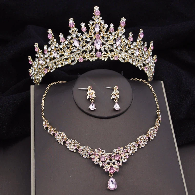 

Luxury Pink Crystal Water Drop Bridal Jewelry Sets Rhinestone Tiaras Crown Necklace Earrings Wedding Dubai Jewelry Set