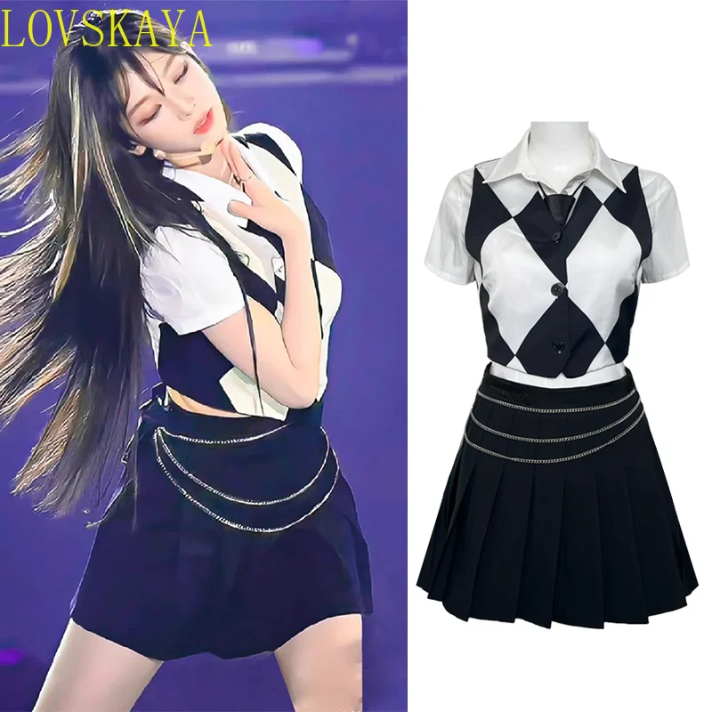 

Women's sexy jazz dance costumes, black short skirts, white shirts, plaid vests, performance costumes, stage costumes