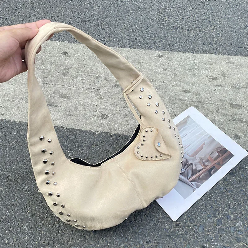 2025 new retro rivet decorative shoulder bag European and American motorcycle Nubuck leather armpit handbag for women