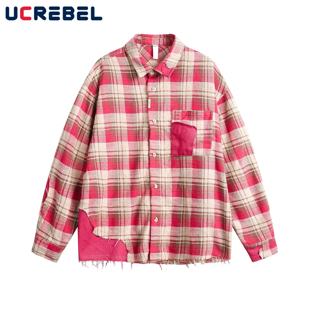 Mens Plaid Long Sleeve Shirts Spring Loose Fit