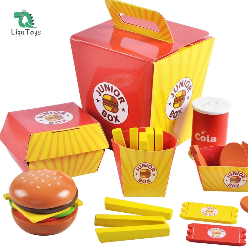 

LIQU Wooden Pretend Play Toy for Kids Fast Food Set Cooking Simulation Educational Toys and Color Perception Toy for Preschool