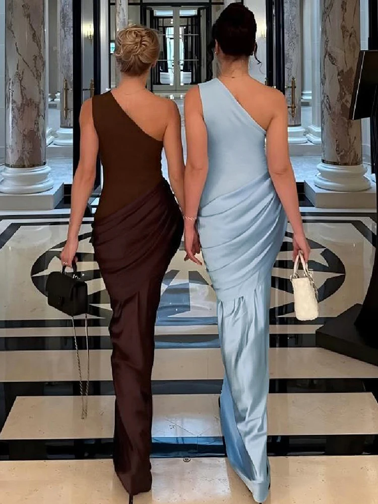 Nibber Slanted Shoulder Maxi Dress Women Sleeveless Folds Patchwork Skinny Elegant Banquet Fashion Valentine's Day Chic Vestidos