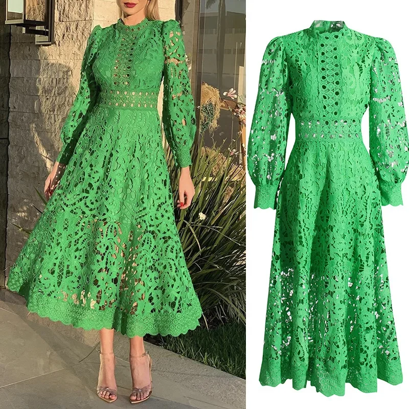 European and American Elegant Style Lace Long Dress 2024 Spring New Bubble Sleeve Long Sleeve Embroidered Dress for Women