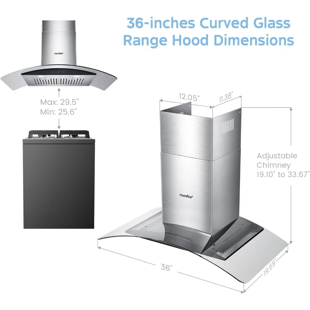 Curved Glass Range Hood,36 Inch,450 CFM ,3 Speed ,Gesture Sensing &Touch Control Panel ,Convertible ,Baffle Filters，2 LED Lights 5
