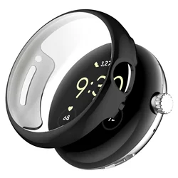 Premium Plating Class Case with Tempered Glass Full Coverage Screen Protector for Pixel Watch 1 41mm (Black)