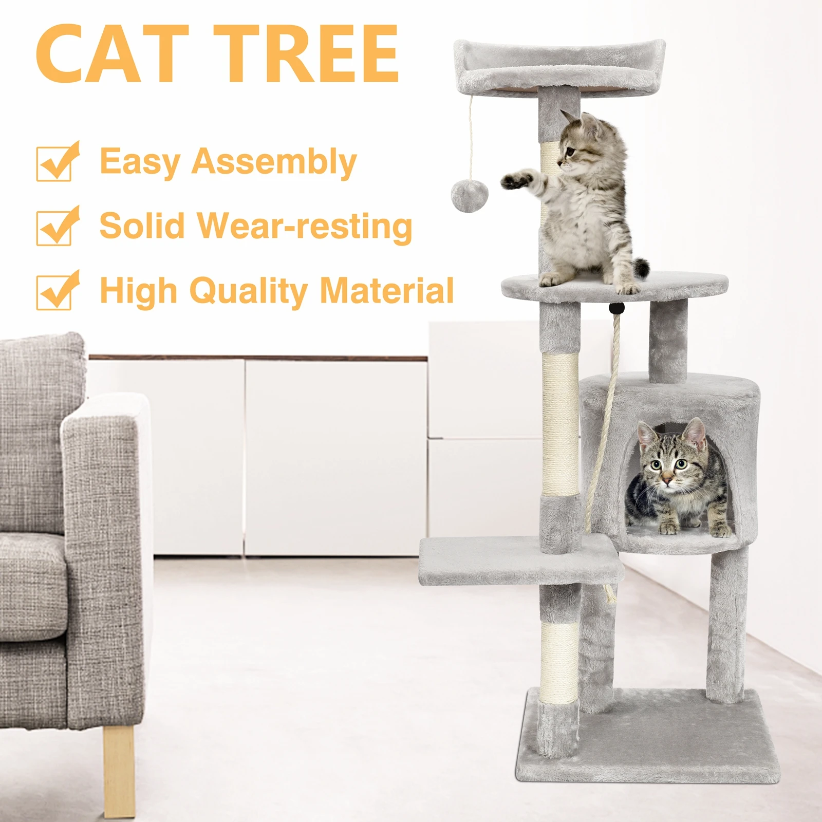 Cat Tree Multi-Level Tower Condo Scratching Post Kitten Toy Cozy Condo Climb Furniture Climbing Tower Activity Centre Gray