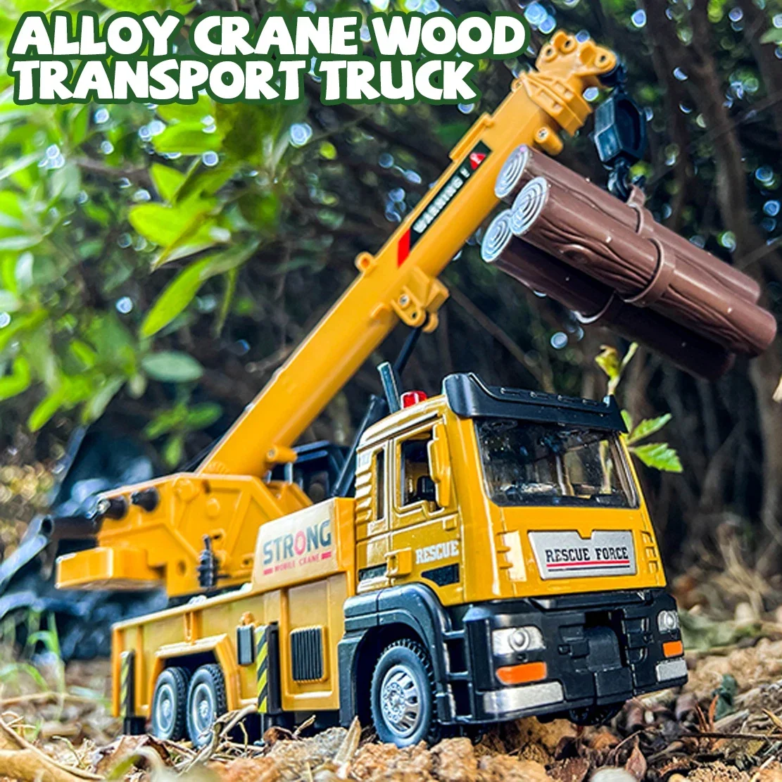 Alloy Crane Wood Transport Truck Model Toy Diecast Simulation Engineering Vehicle with Sound Pull Back Decorative Gift for Kid