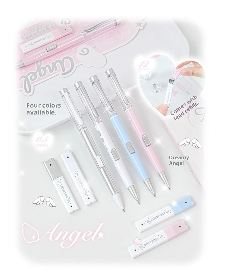 RosyPosy Angel Element Automatisches Bleistift-Set, Kawaii, glänzender Kristall-Stifthalter, 0,5 HB, seitlicher Druckkern, Zeichnen, Schreiben, Schreibwaren – Detail 12