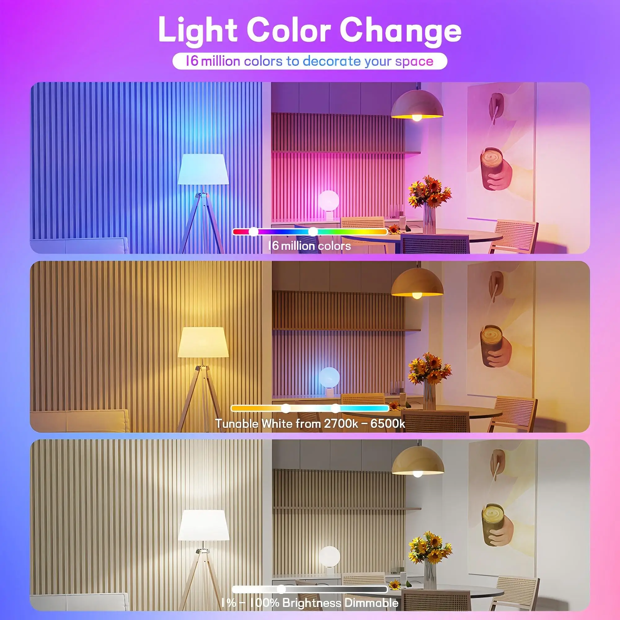 4pcs, RGBCW Smart Light Bulbs, Color Changing Dimmable Bulbs with Music Sync & App Control, Smart Home Lights for Bedroom.