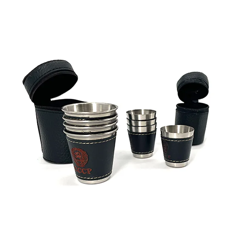4pcs/lot 30/70ml Outdoor Camping Tableware Travel Cups Set Picnic Supplies Stainless Steel Wine Beer Cup Whiskey Mugs PU Leather 6