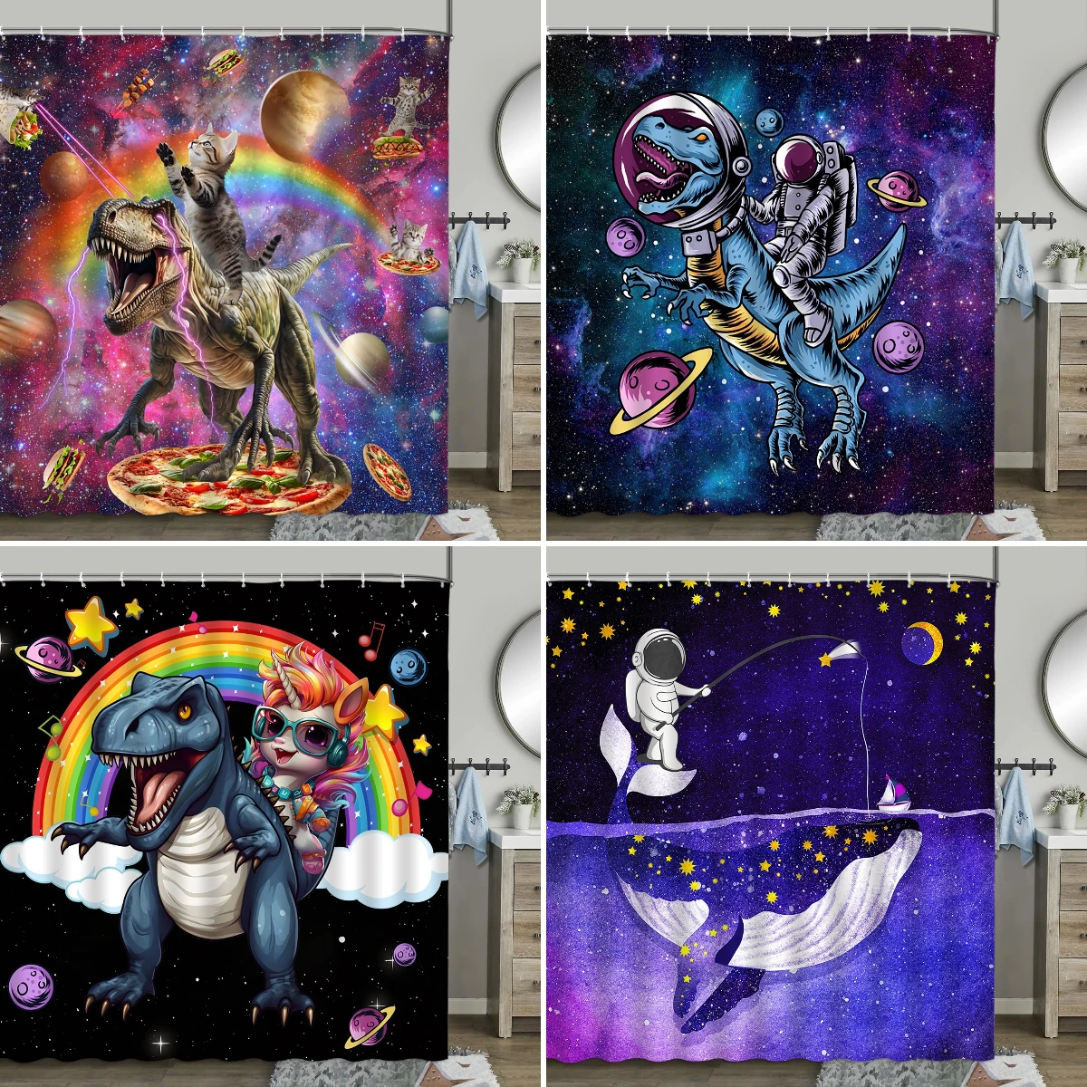 

Занавеска для душа с забавными мультяшными животными, звездная кошка, динозавр, астронавт, Кита, радужные звезды, декоративные шторы для ванной из полиэстера