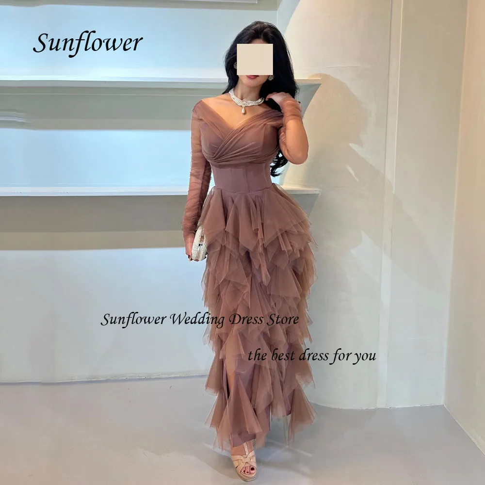 

Sunflower V-Neck Formal Evening Dress 2023 Slim Tulle Tiered Mermaid Prom dress Long Sleeves Ankle-Length Party Dress